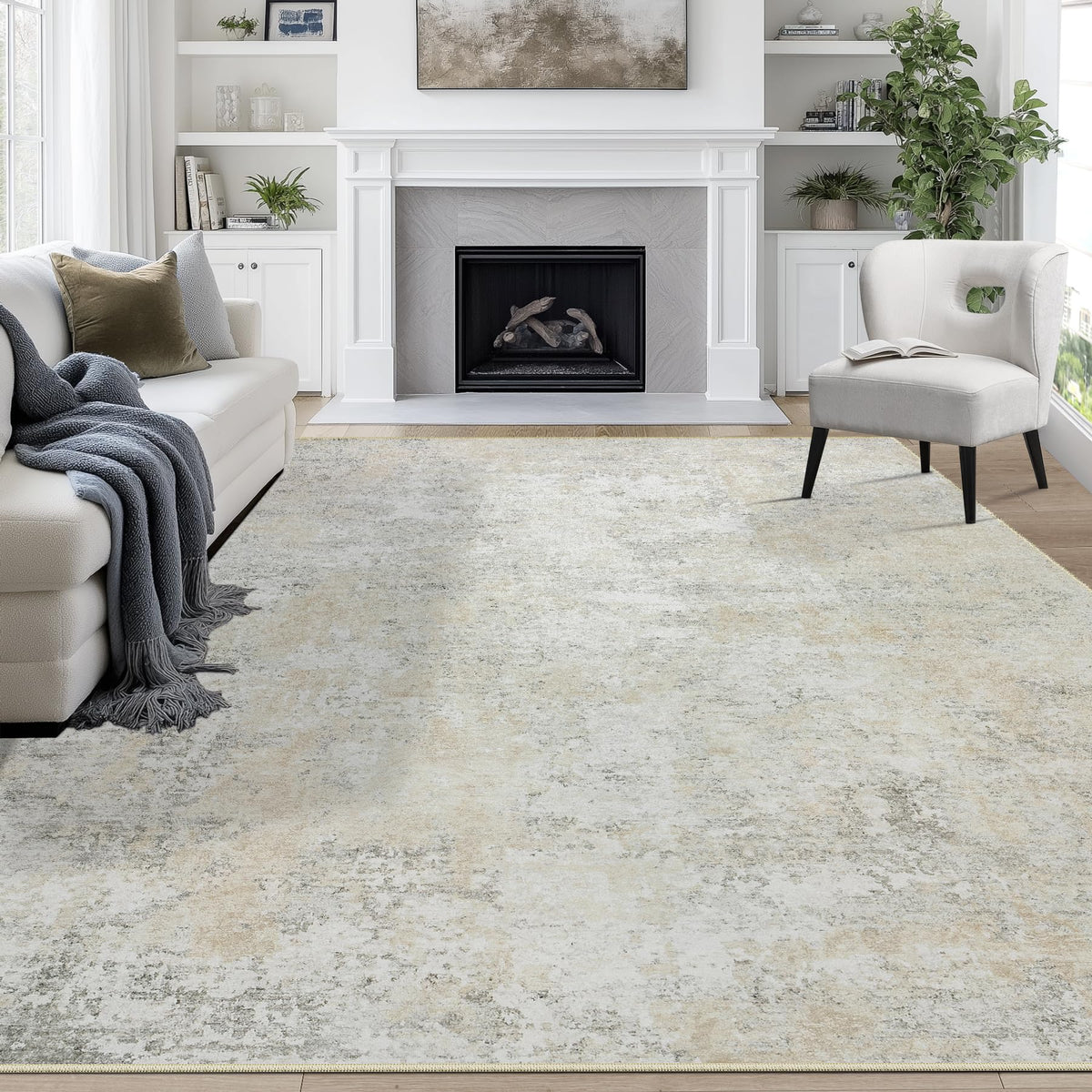Aelenmu 8x10 area rug with abstract beige-grey pattern for living rooms, ideal for high-traffic spaces
