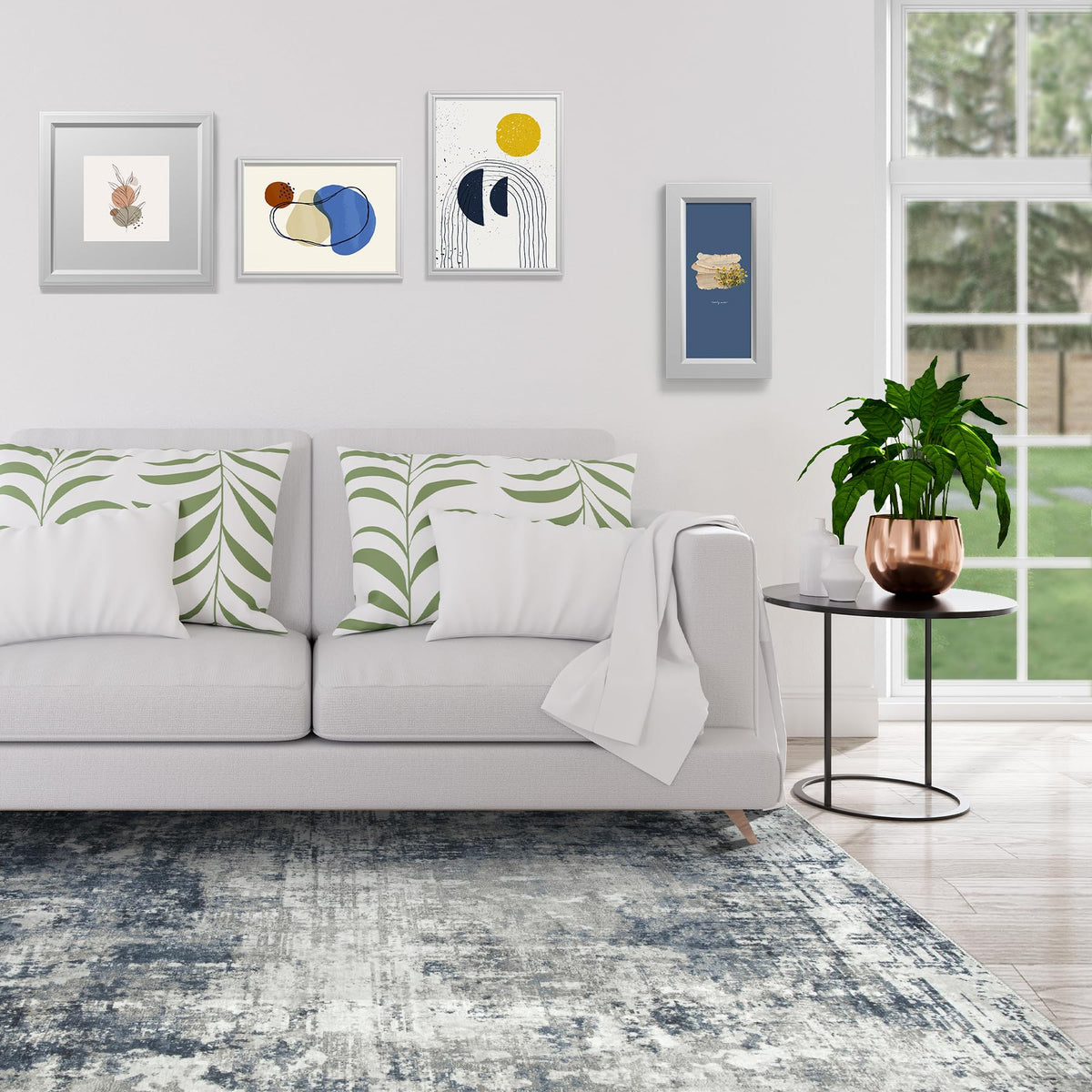Aelenmu blue-grey rug in dining layout adds neutral elegance while protecting floors.