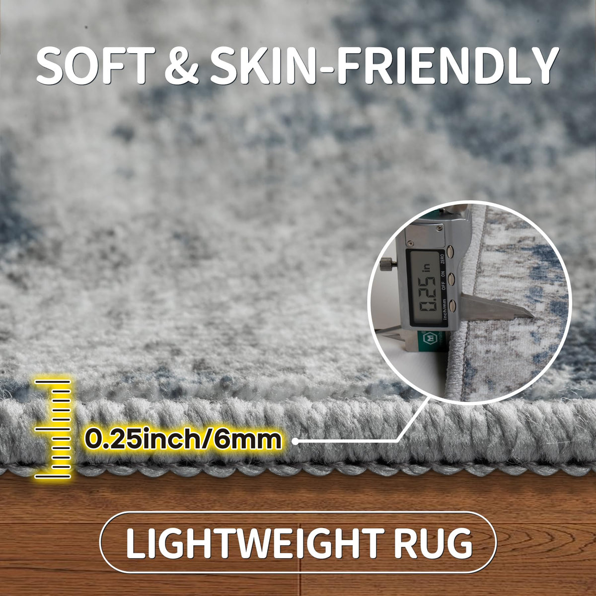 Aelenmu blue-grey rug in a bedroom scene offers cozy ambience.
