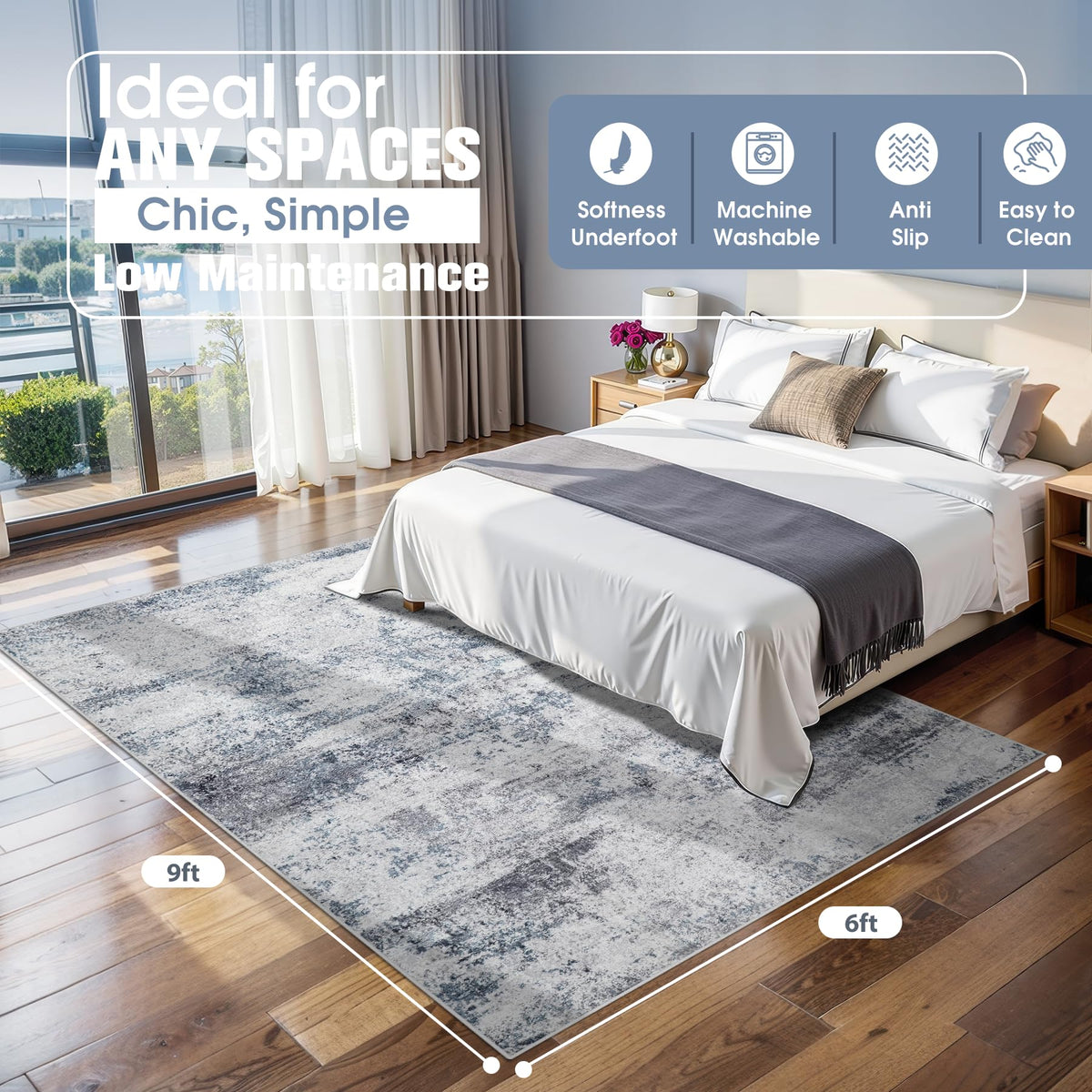 Aelenmu blue-gray rug with soft faux wool, enhancing cozy bedrooms.