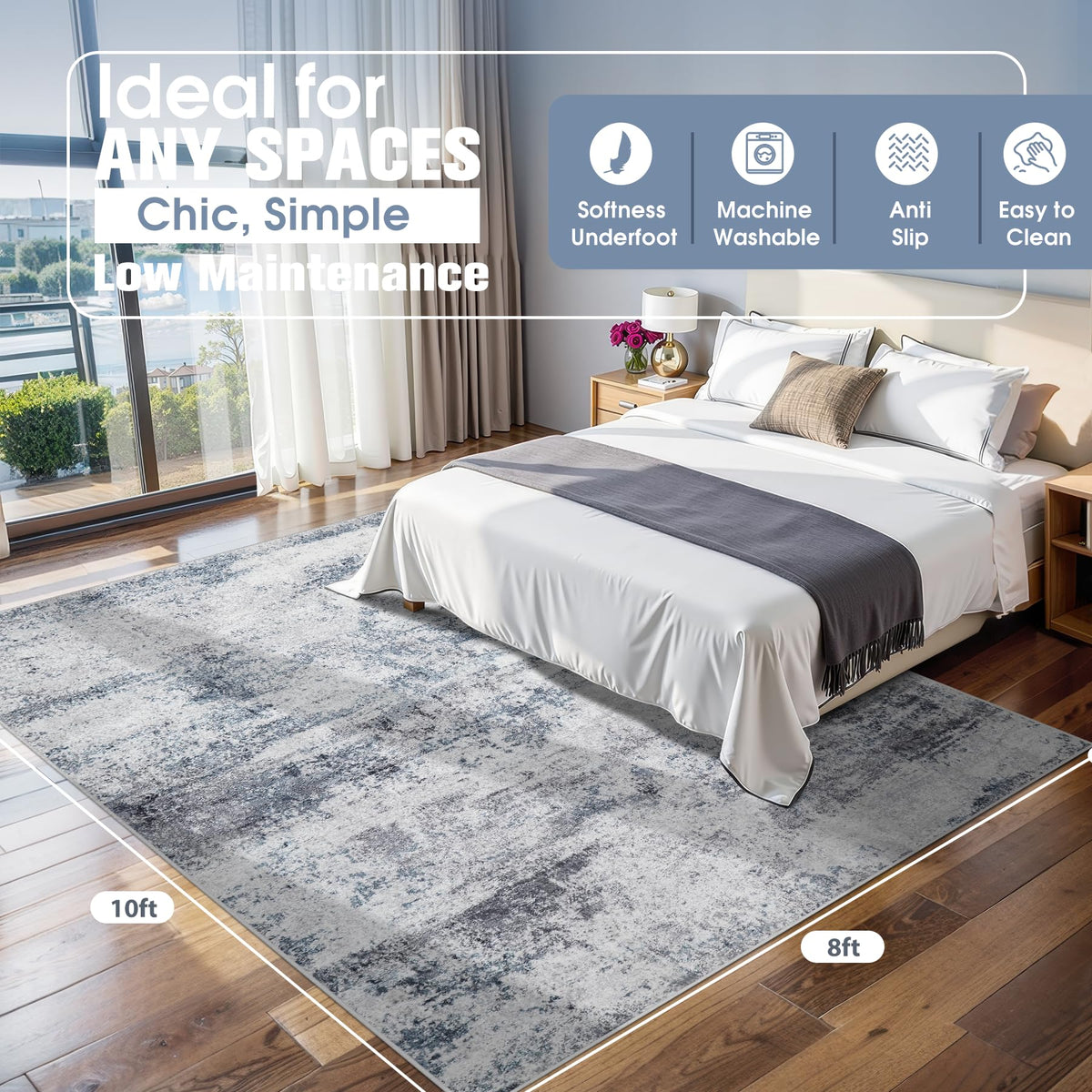 Aelenmu living room setup rug in blue-grey enhances decor while hiding wear.