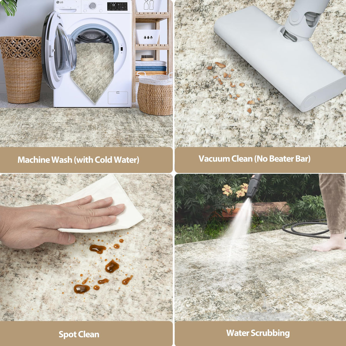 Aelenmu machine-washable rug simplifies cleanup after spills.
