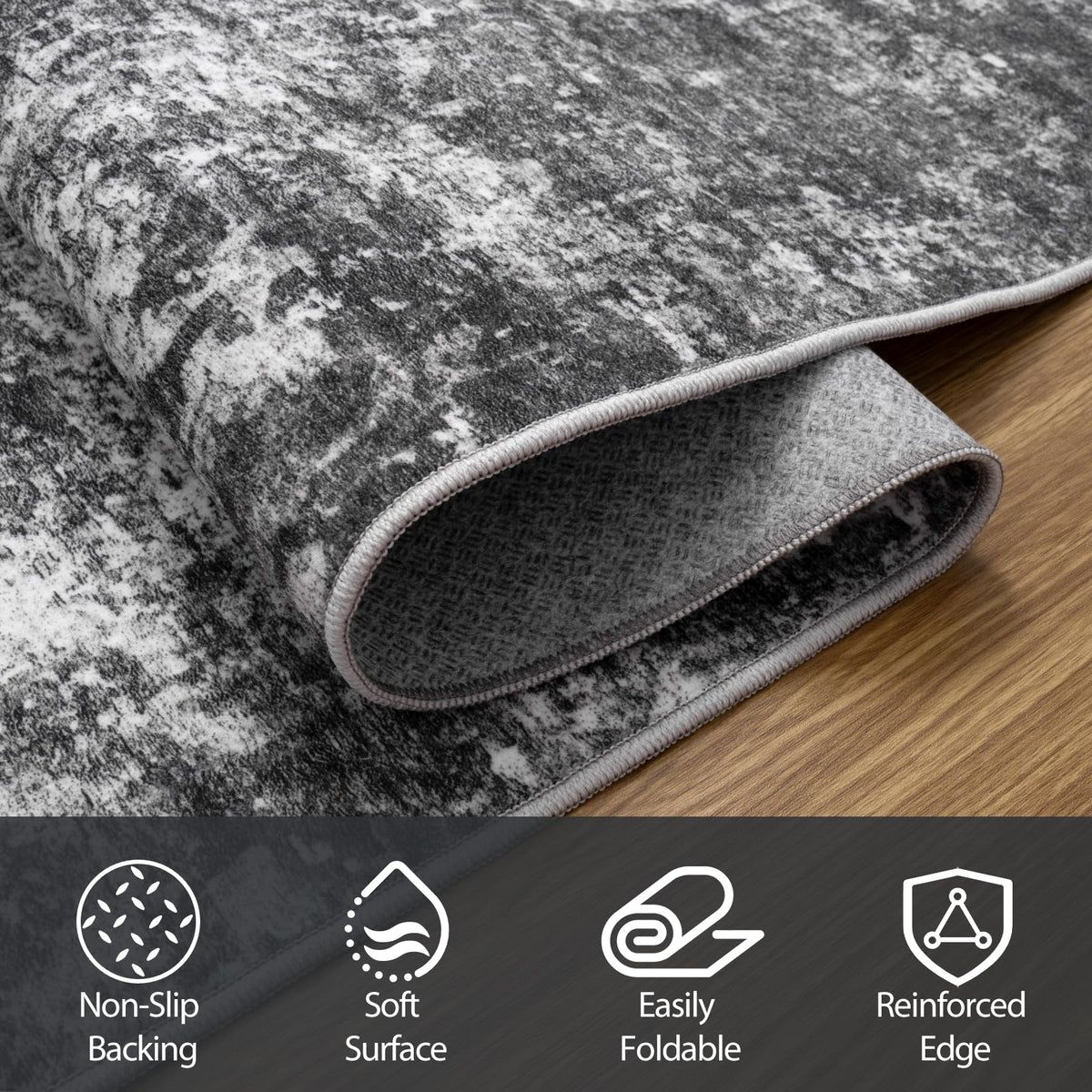 Aelenmu rug with non-slip backing helps prevent slips on wooden floors.
