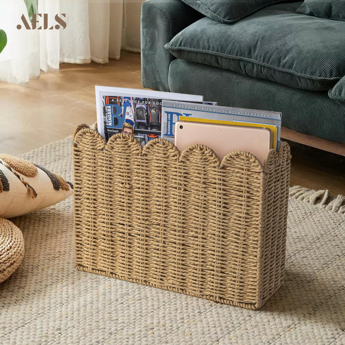 AELS boho modern farmhouse book basket complements any room decor