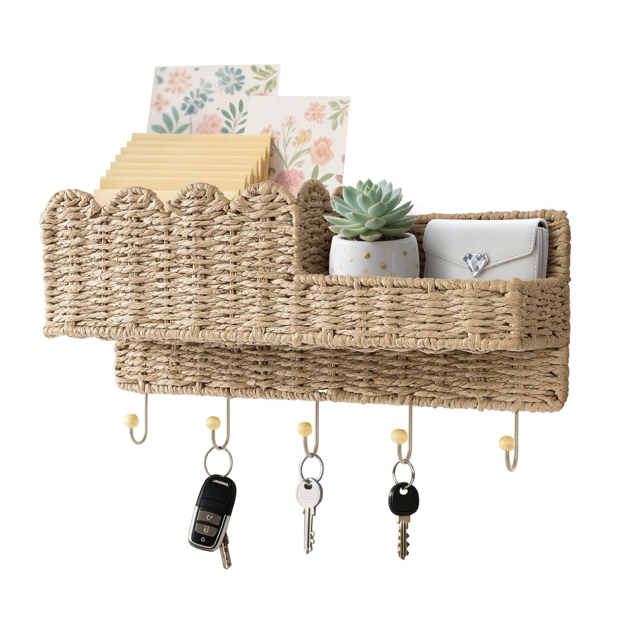 AELS scalloped woven key holder with 5 hooks keeps keys organized at a glance.