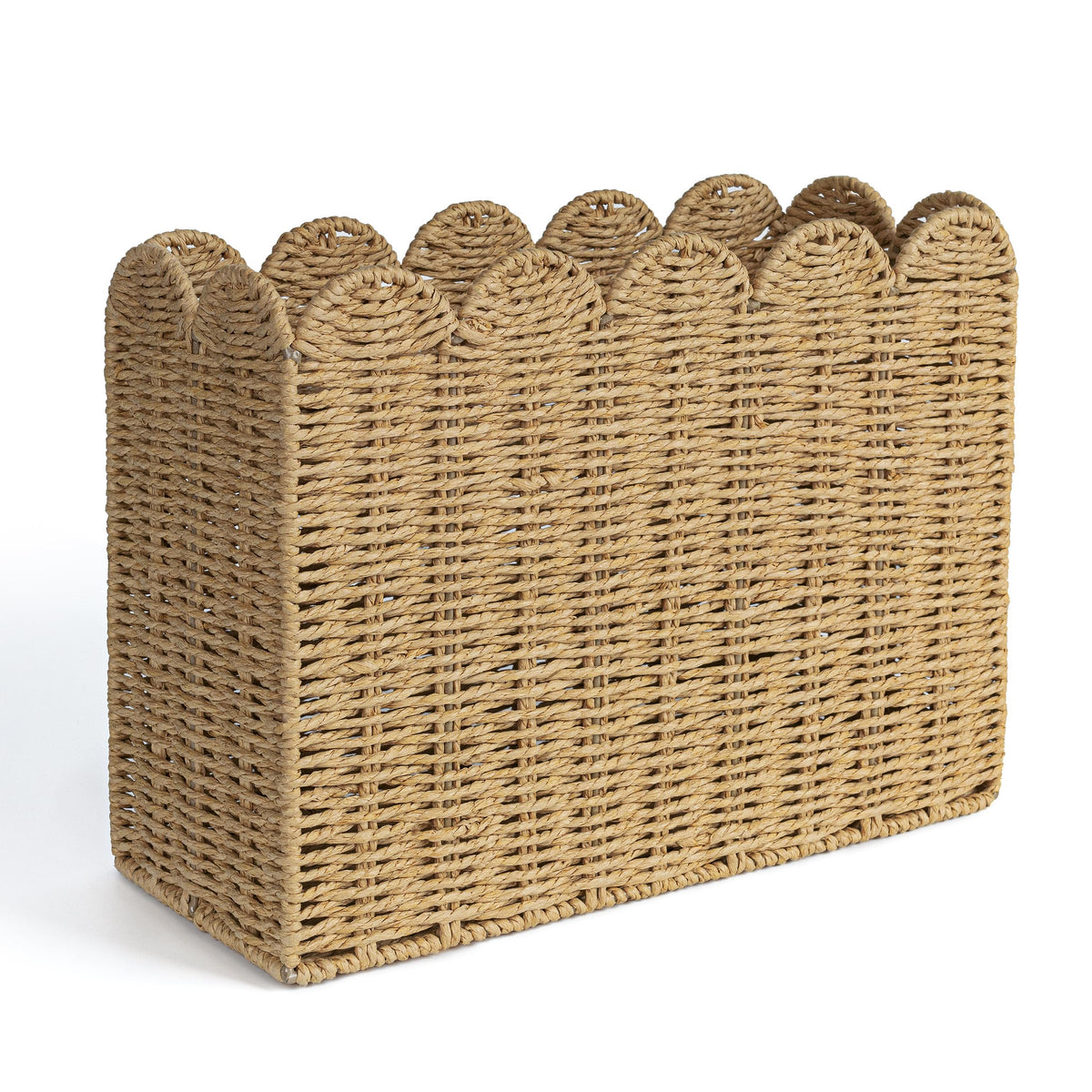 AELS woven magazine holder with scalloped edge on living room shelf