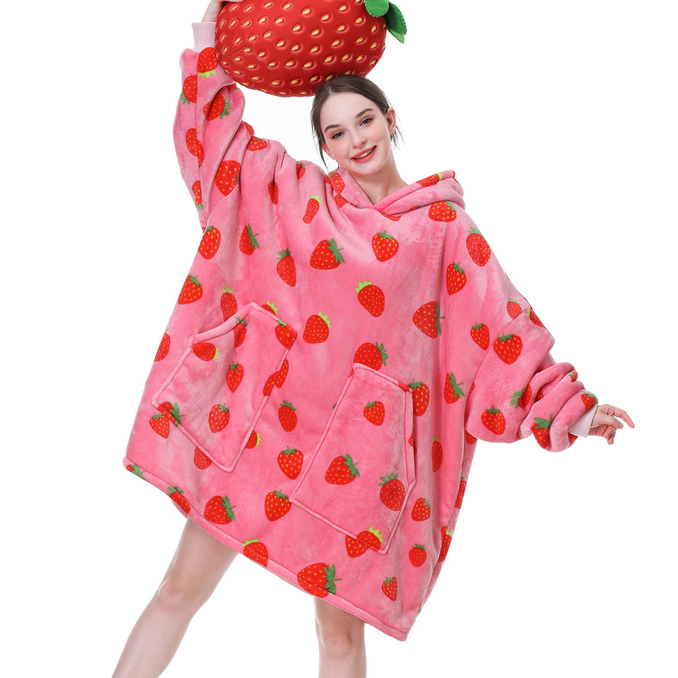 Aemicion strawberry blanket hoodie front view for cozy warmth at home
