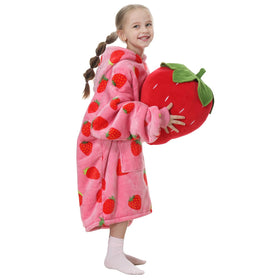 Aemicion Strawberry Blanket Hoodie front view, cozy wearable warmth for kids