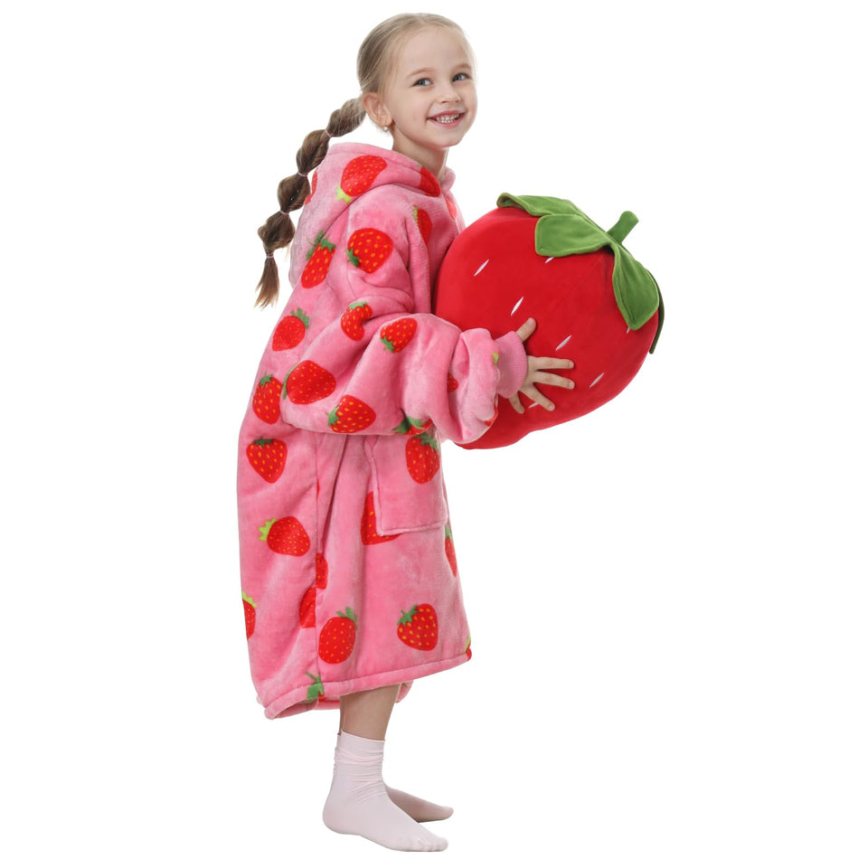 Aemicion Strawberry Blanket Hoodie front view, cozy wearable warmth for kids