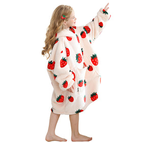 Aemilas Strawberry Wearable Hoodie front view with beige fabric and plush interior for kids' warmth