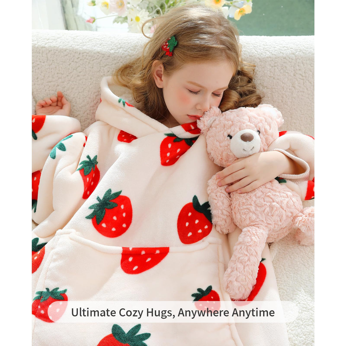 Aemilas Strawberry Wearable Hoodie child wearing it, ideal for indoor lounging and movies