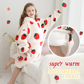 Aemilas Strawberry Wearable Hoodie side-pocket view showing convenient storage for snacks and toys
