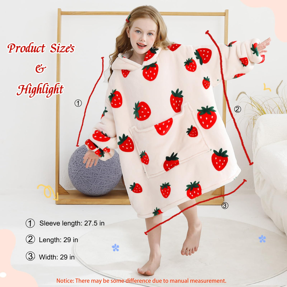 Aemilas Strawberry Wearable Hoodie triple-pocket close-up, handy storage for devices and treats
