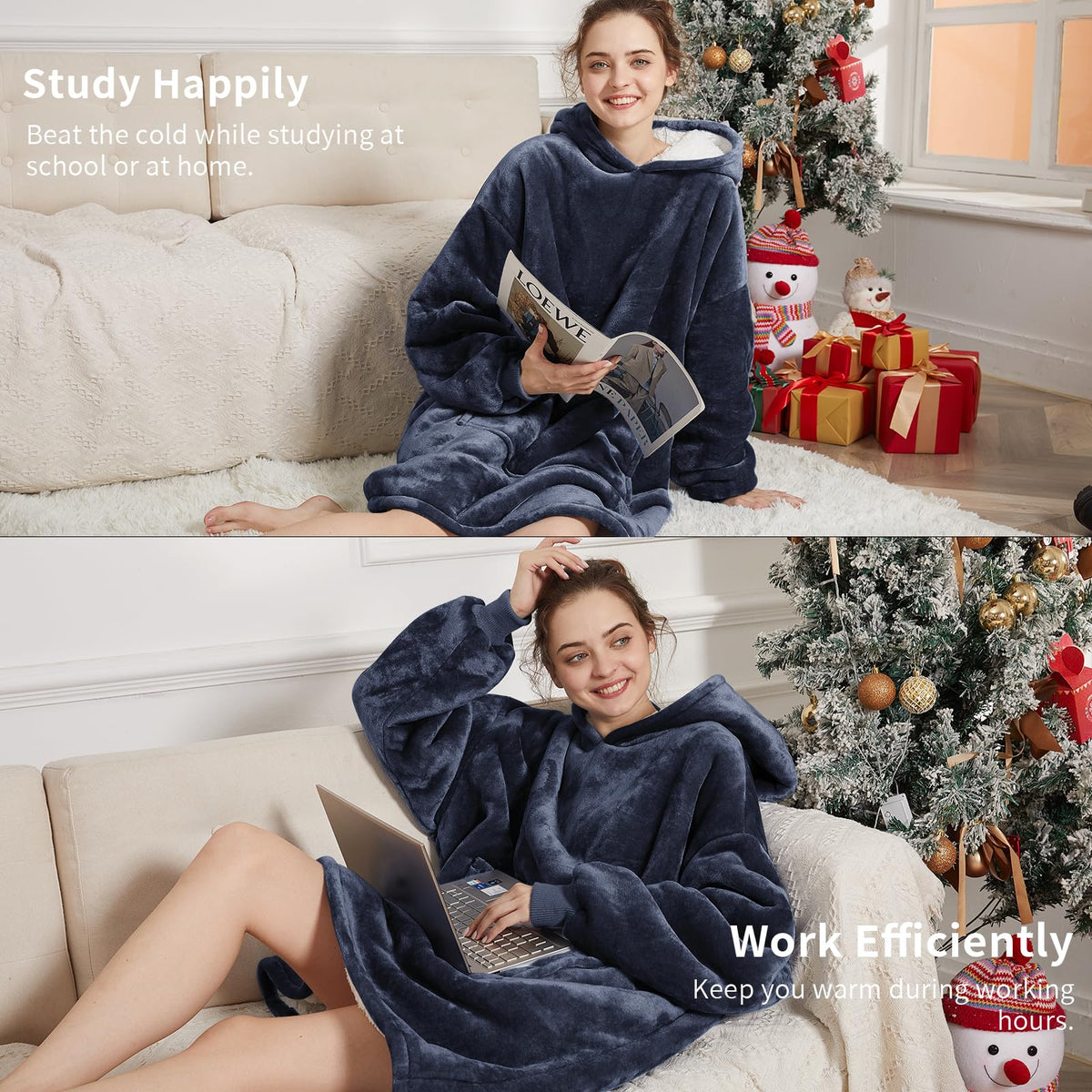Aemilas wearable hoodie shown indoors and outdoors in cool weather use