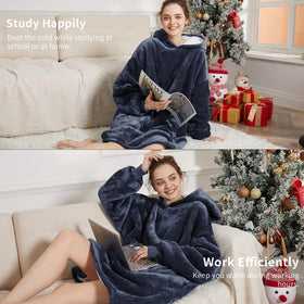 Aemilas wearable hoodie shown indoors and outdoors in cool weather use