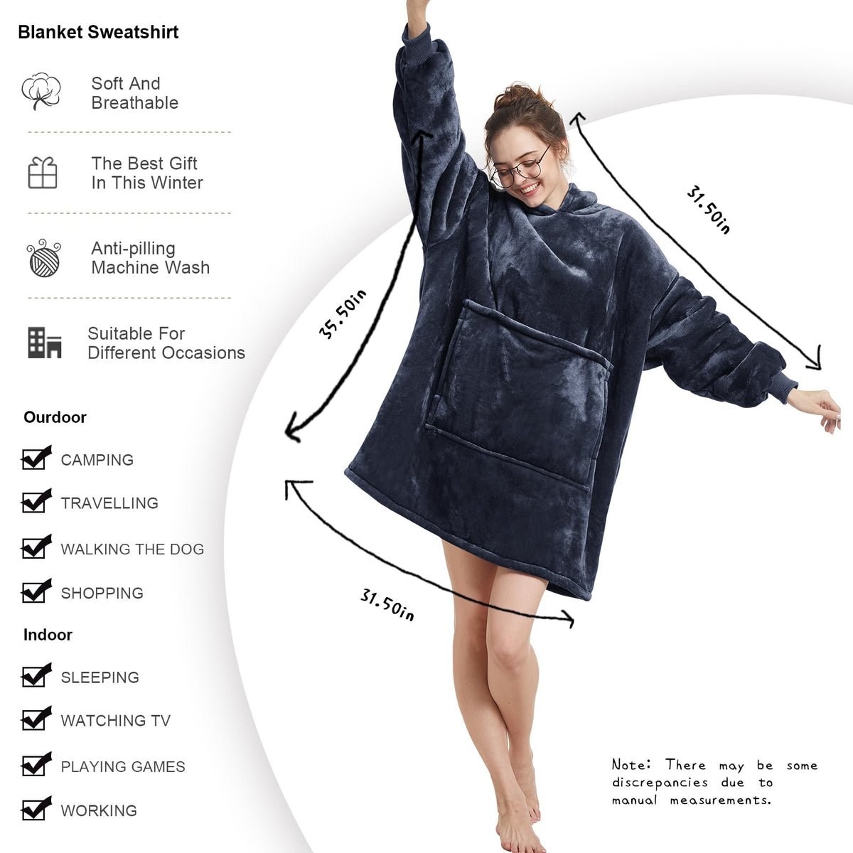 Model wearing the Aemilas oversized wearable hoodie showing relaxed fit