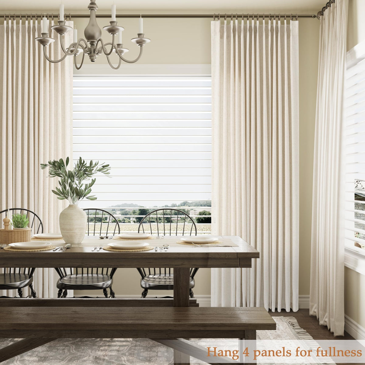 Aersas back-tab hanging hides the rod for an elegant pleated display.