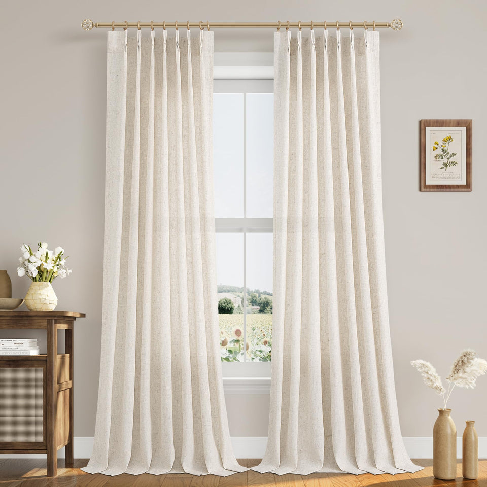 Aersas pinch-pleat linen curtains in natural cream, front view showing elegant folds and neutral tone