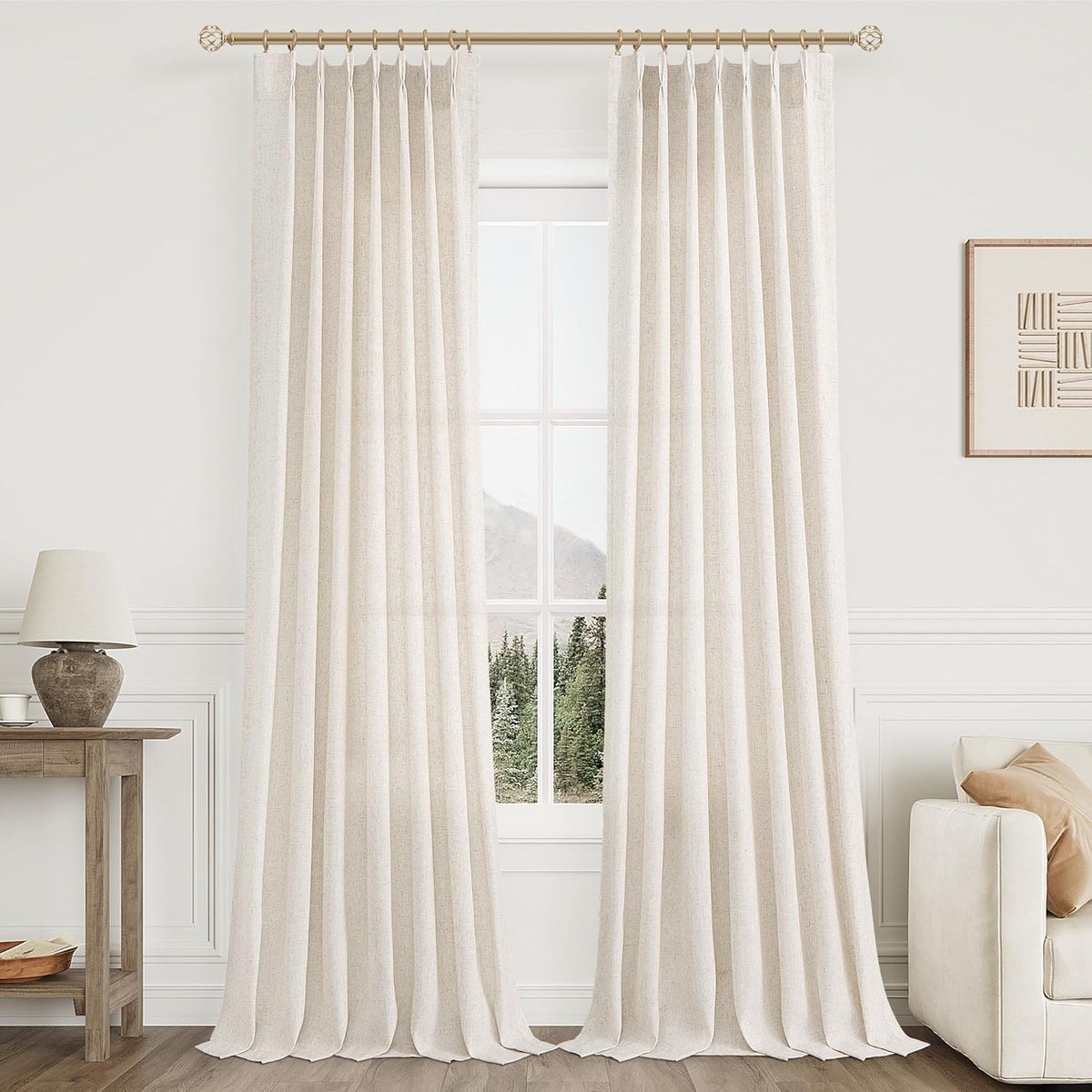 Aersas 102-inch linen curtains in natural cream in living room angle with soft daylight