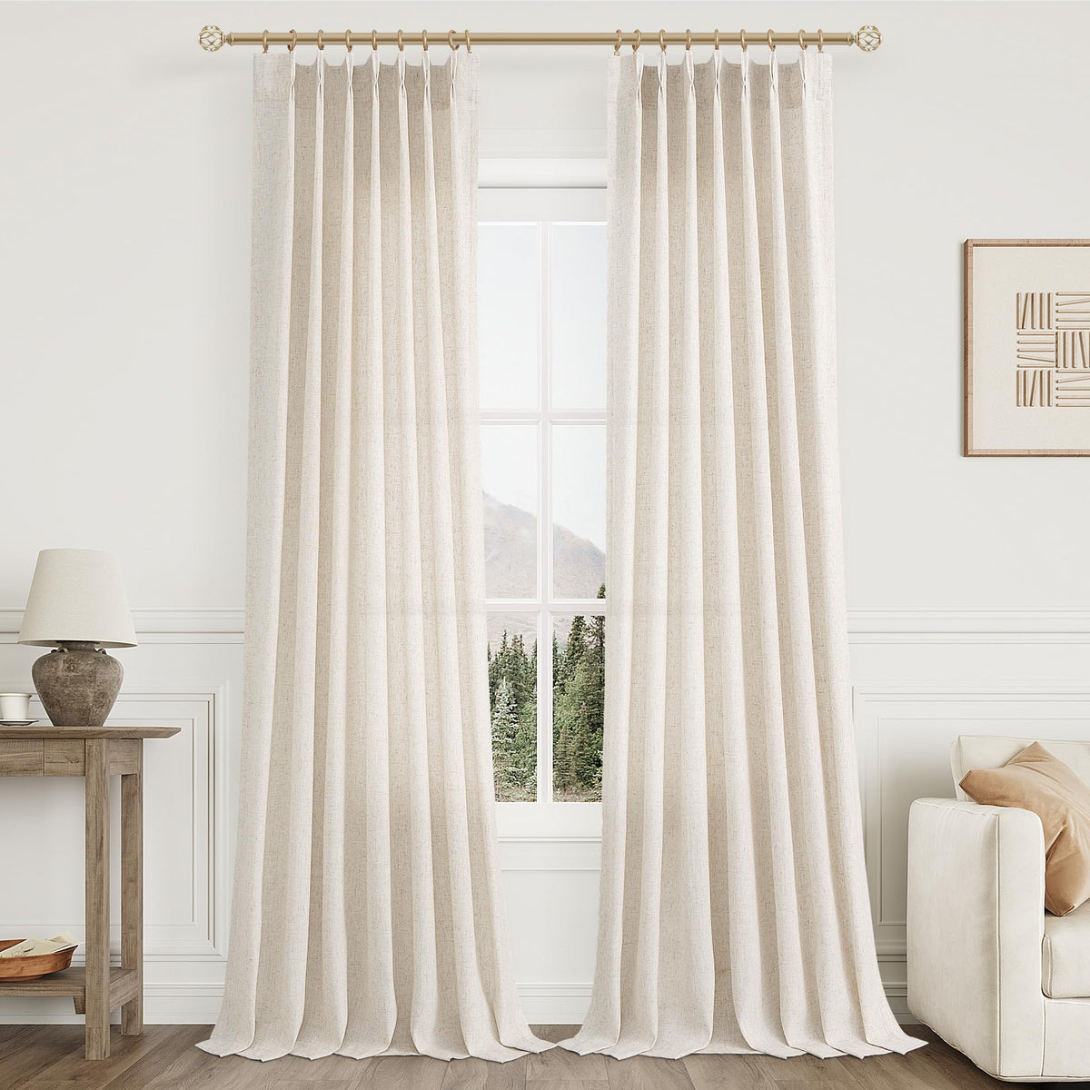 Aersas pinch-pleated linen curtain close-up texture in cream beige for a luxurious living space