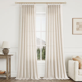 Aersas pinch-pleated linen curtain close-up texture in cream beige for a luxurious living space