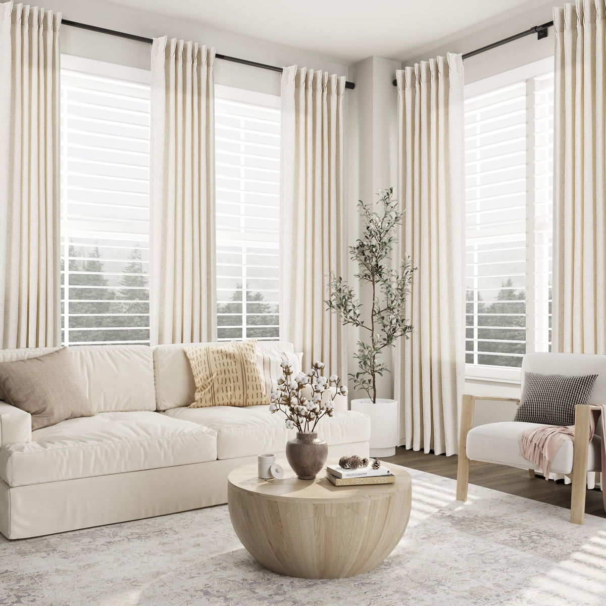 Aersas modern pleated effect creates a refined silhouette in linen curtain
