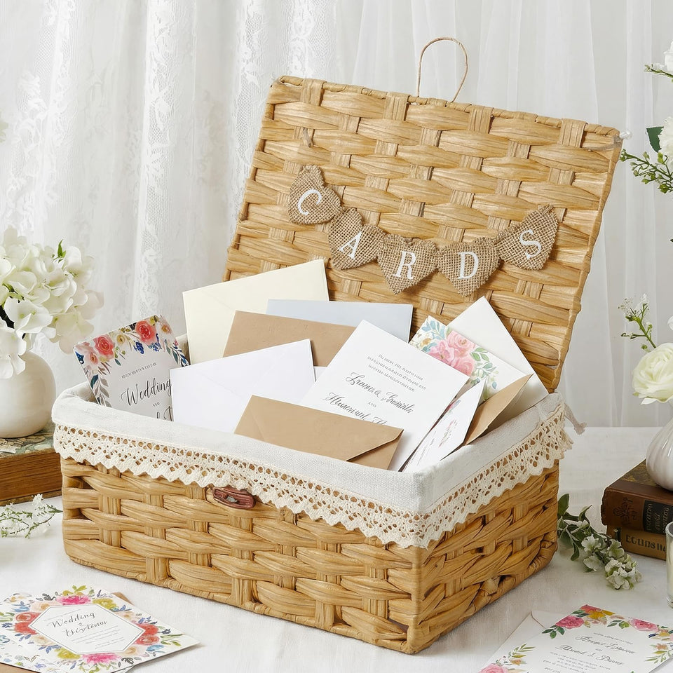 AerWo Rattan Wedding Card Box front view with cards flag for elegant guest sign-in.