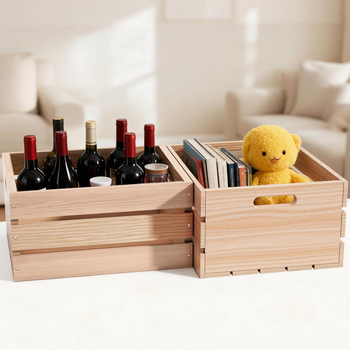 Aescwyn wooden crate in kitchen decor for tidy spice and produce display.