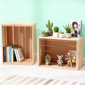 Aescwyn wooden crate in living room setup adds warm rustic charm.