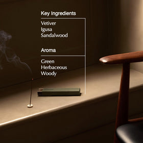Close-up of vetiver and sandalwood notes from Aesop Kagerou incense.