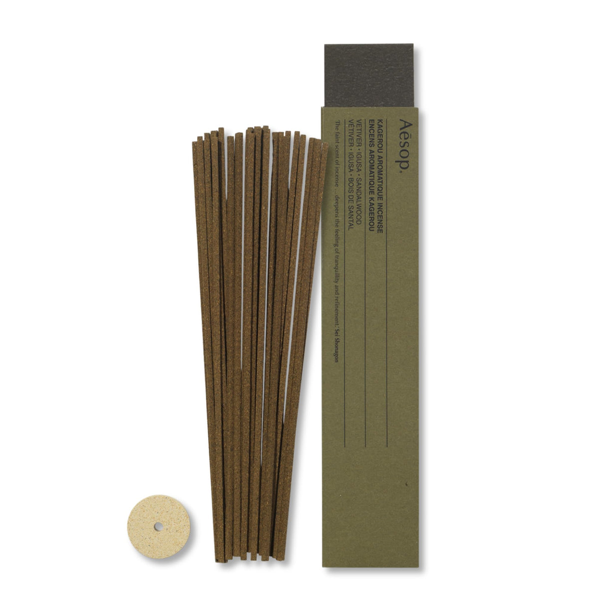 Aesop Kagerou incense sticks pack on a clean surface for calming ambiance.
