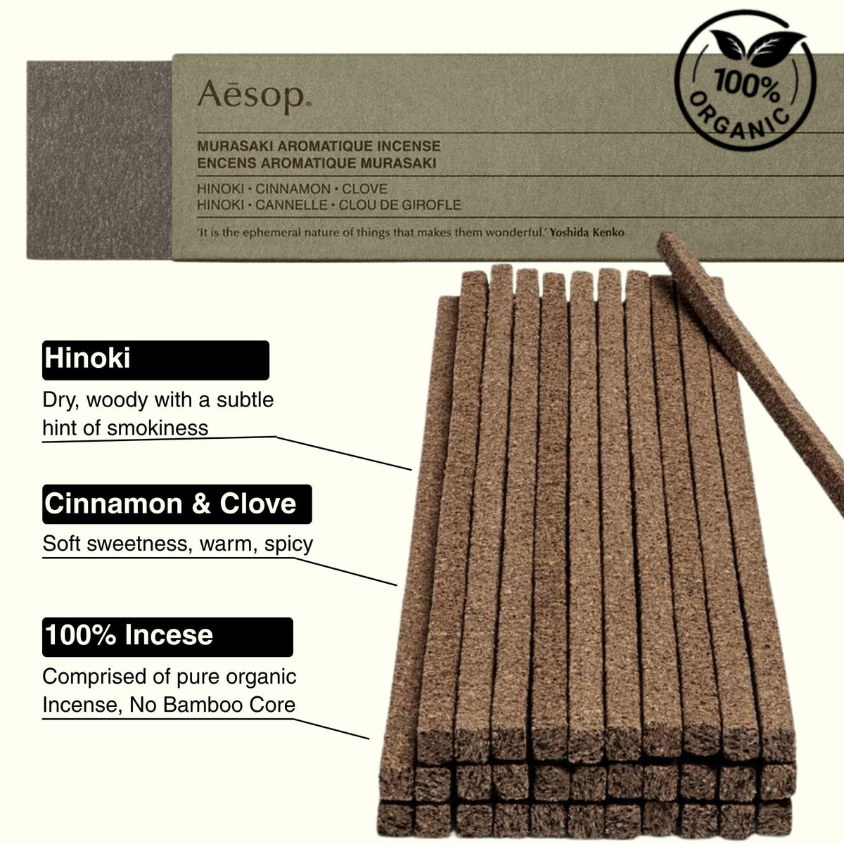 Aesop Murasaki incense visuals emphasize woody resin atmosphere.