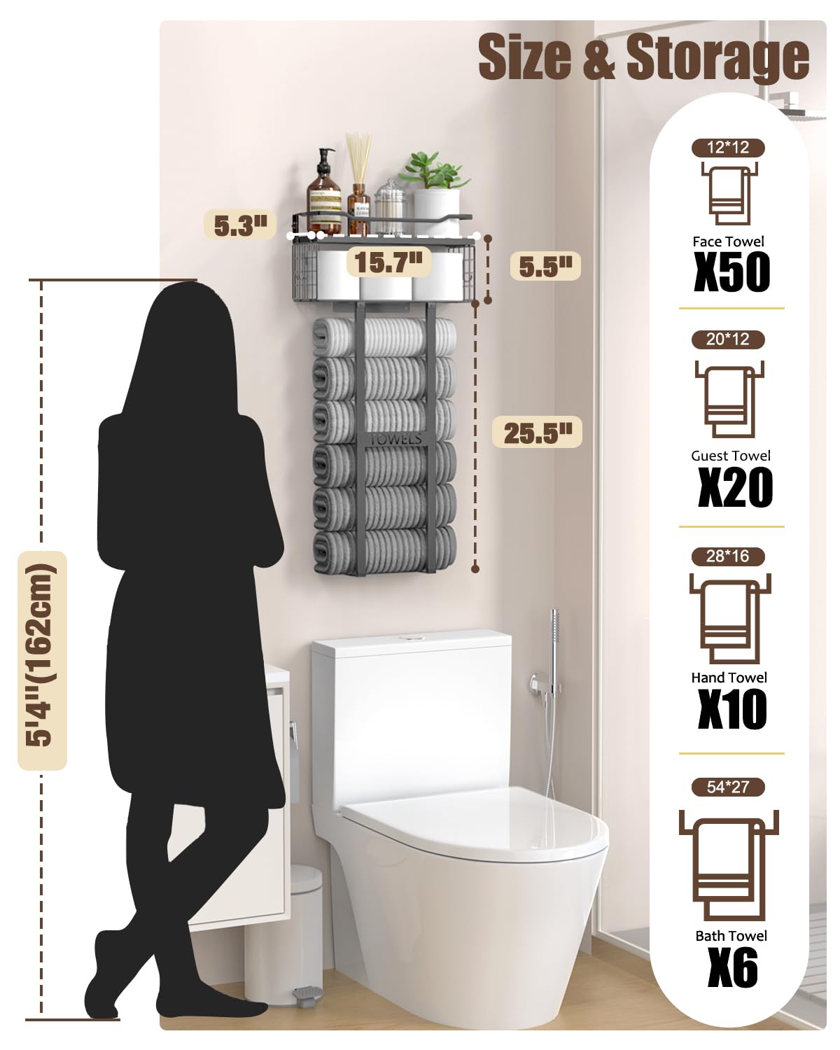 Aetyord floating wood plank shelf complements metal frame for organized bathroom storage.