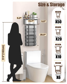 Aetyord floating wood plank shelf complements metal frame for organized bathroom storage.