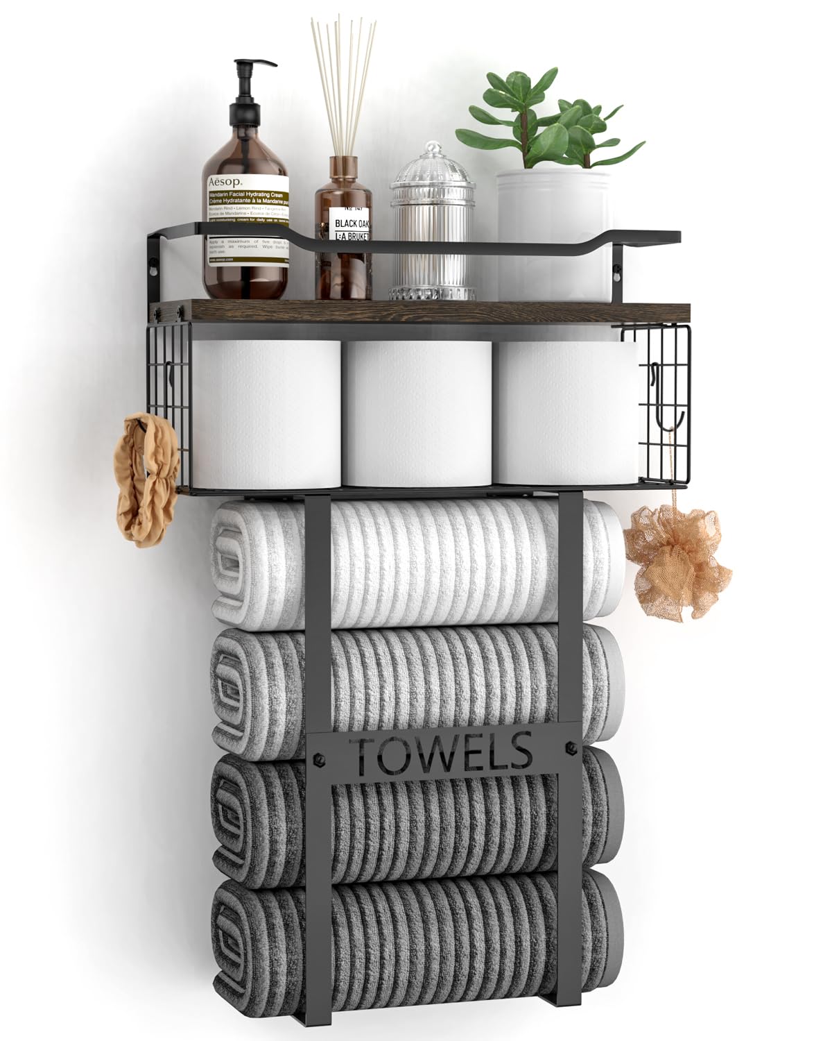 Aetyord rustic brown wood towel rack with vertical storage and towel bar