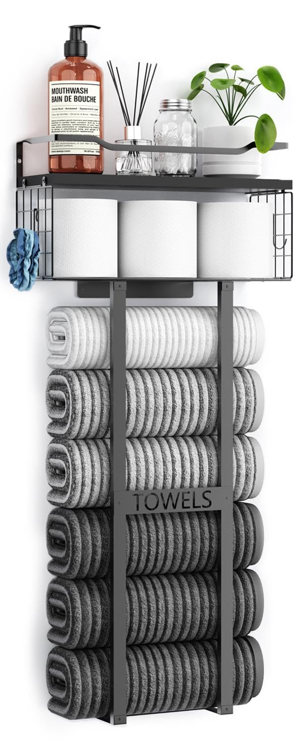 Aetyord 31in wall-mounted towel rack with wood shelf, holds six towels.