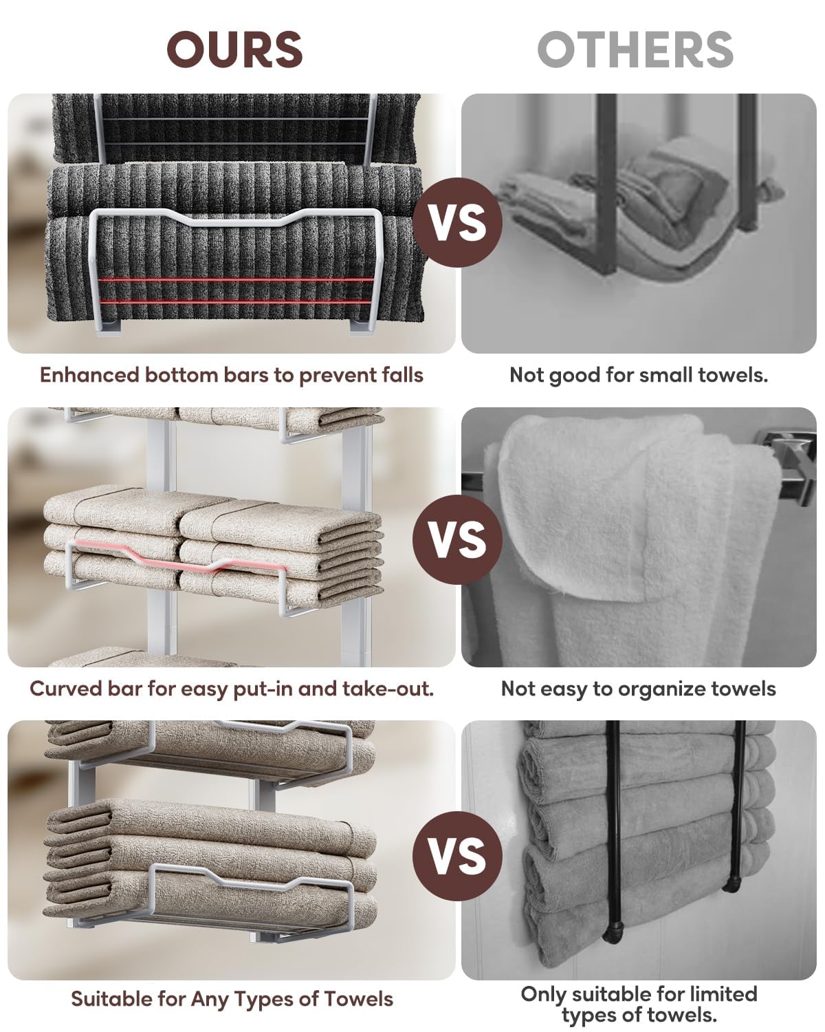 Aetyord towel rack holds rolled towels on each tier