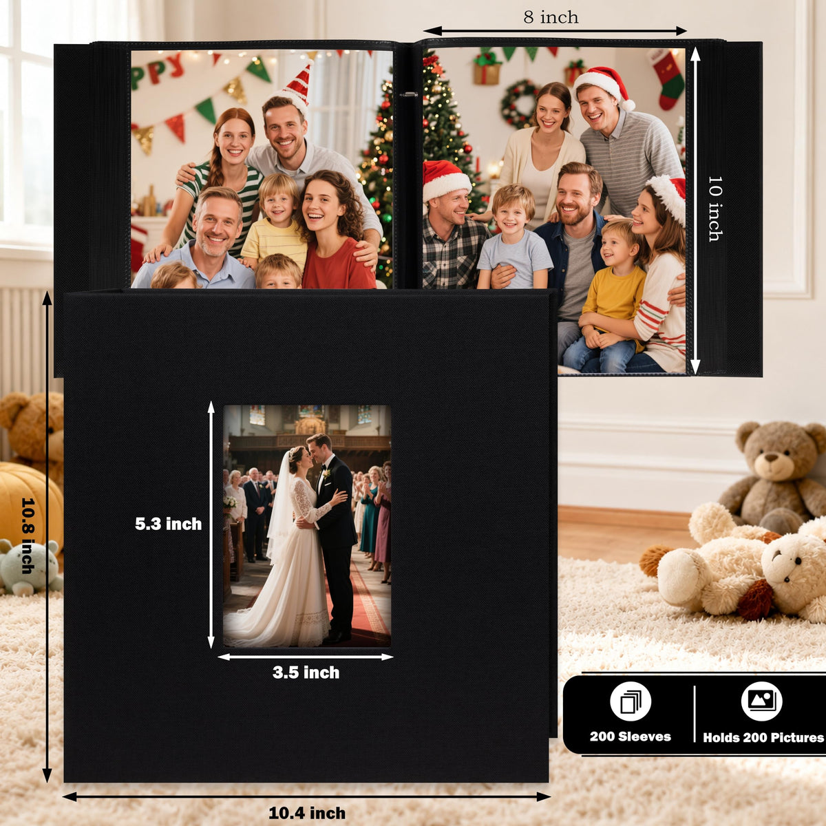 Aevdor 200-pocket 8x10 inside pages with black pockets for elegant display.