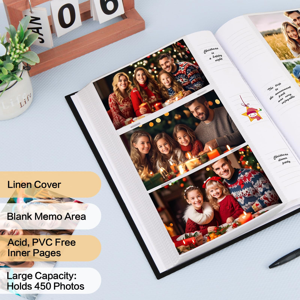 Aevdor 450 Pockets Photo Album interior pages store three 4x6 photos per spread.