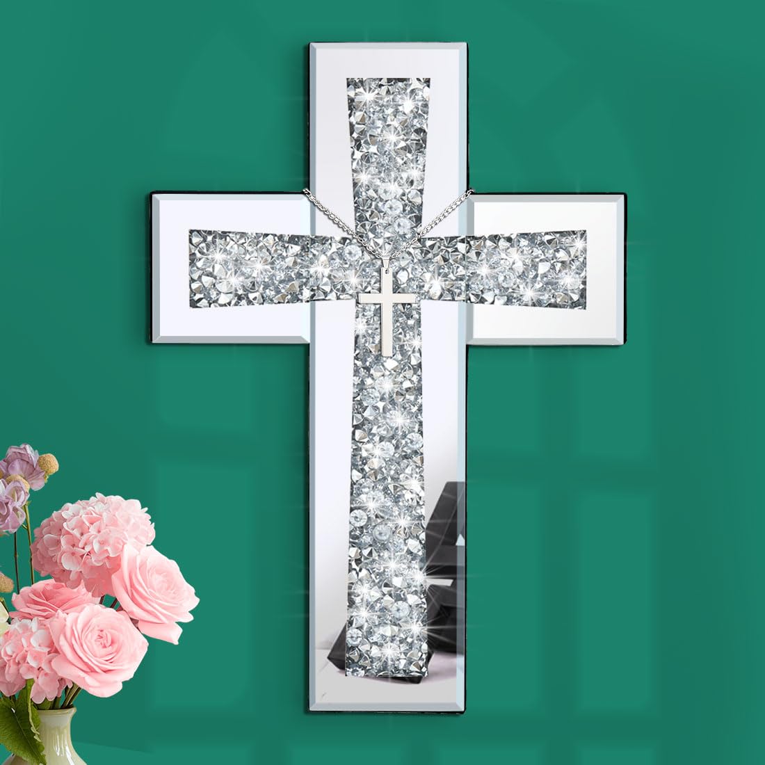 Aeveco cross wall decor in silver mirror adds an elegant focal point to any wall.