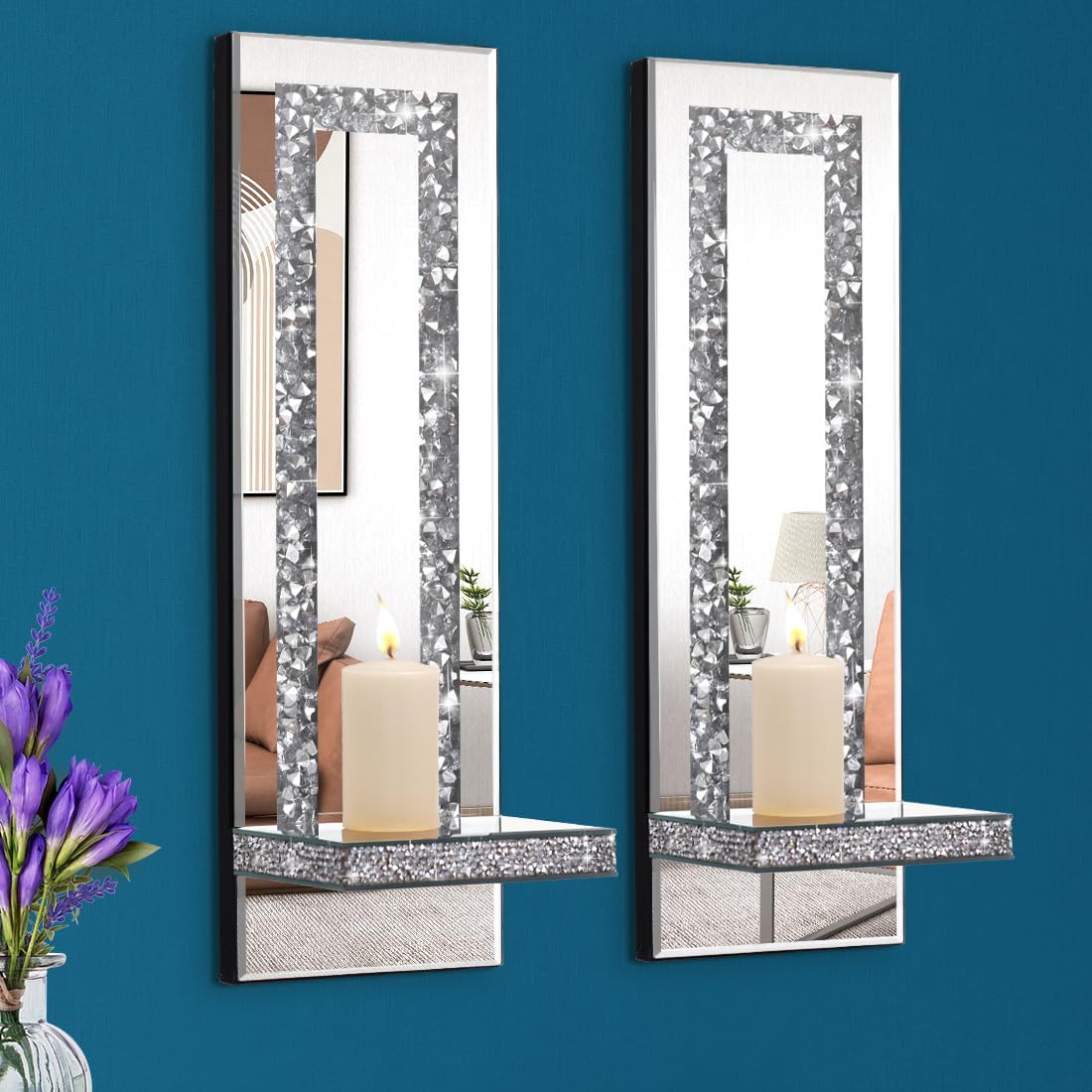 Aeveco Crystal Crush Diamond mirrored sconce with rectangle frame enhances living room ambiance