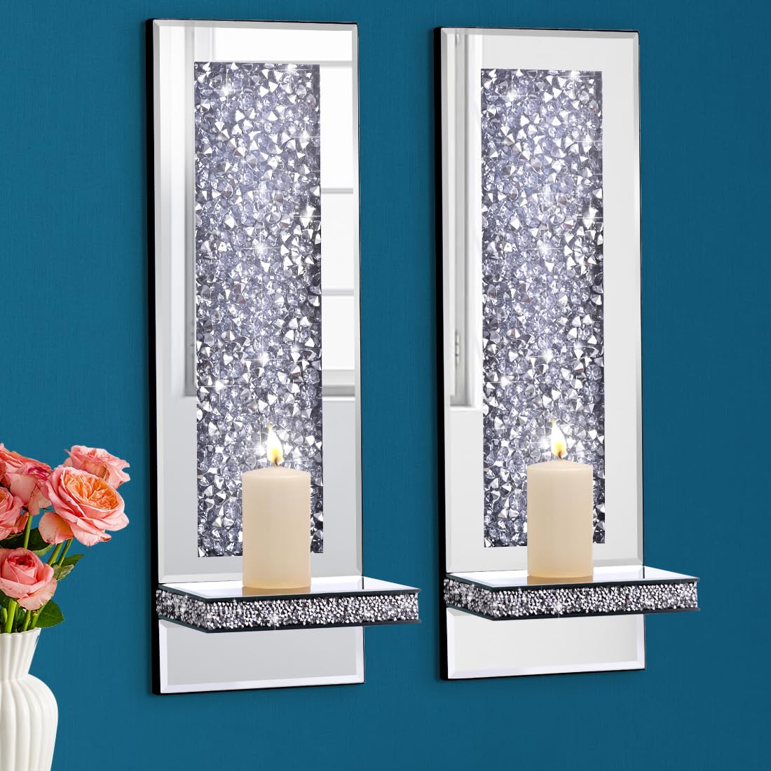 Aeveco Crystal Crush diamond mirrored sconce with reflective rectangle centerpiece for living room glow.