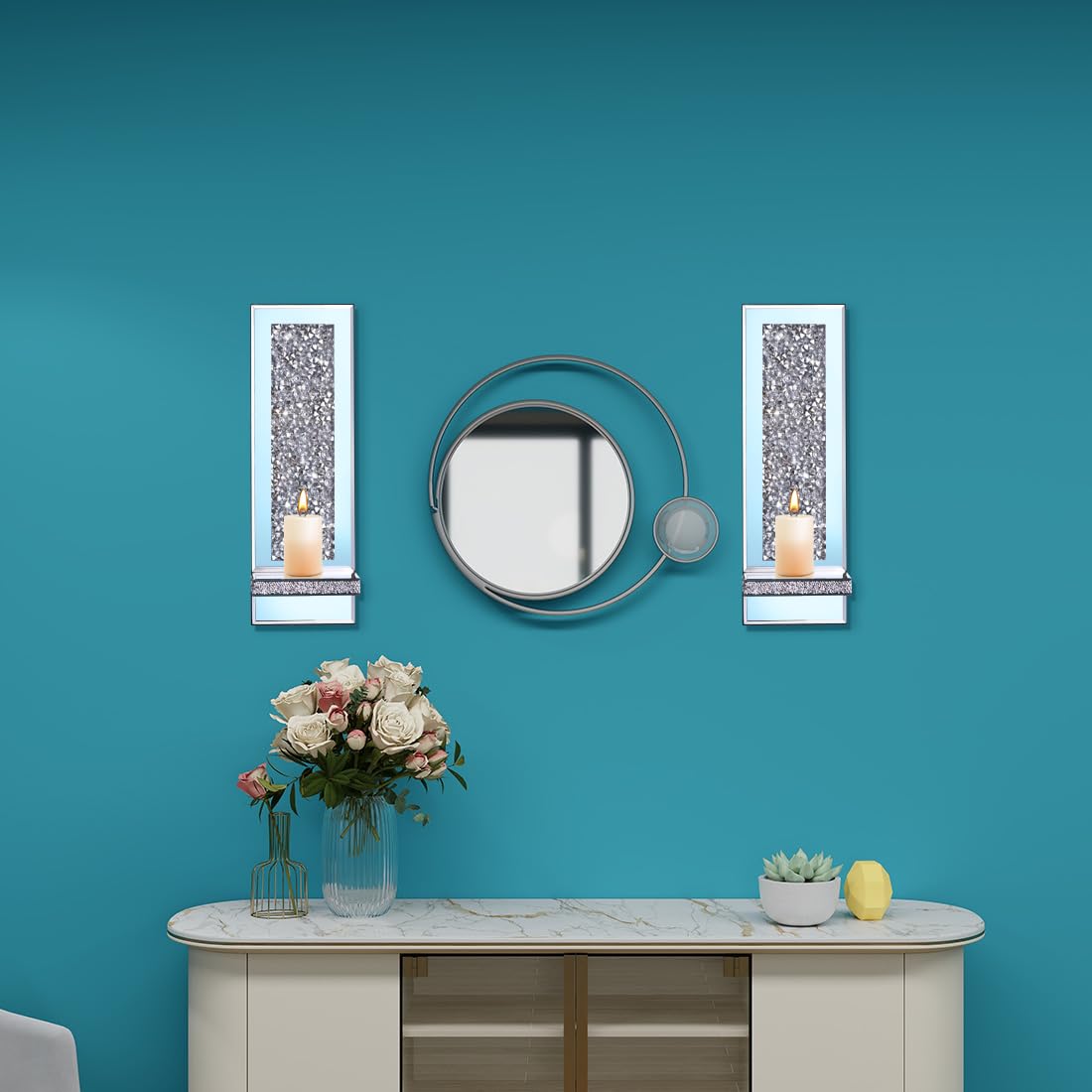 Rectangular crushed diamond motif adds modern decor impact to bedrooms and entryways.