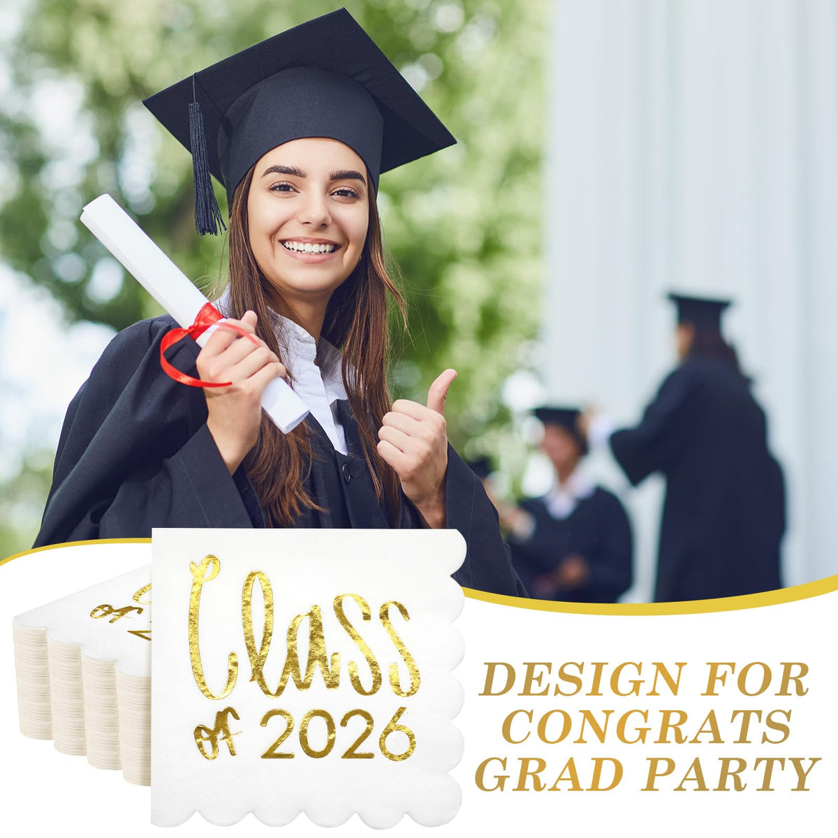 Affrolling white scalloped napkins enhance graduation party aesthetics