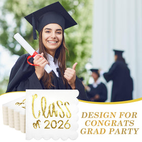 Affrolling white scalloped napkins enhance graduation party aesthetics