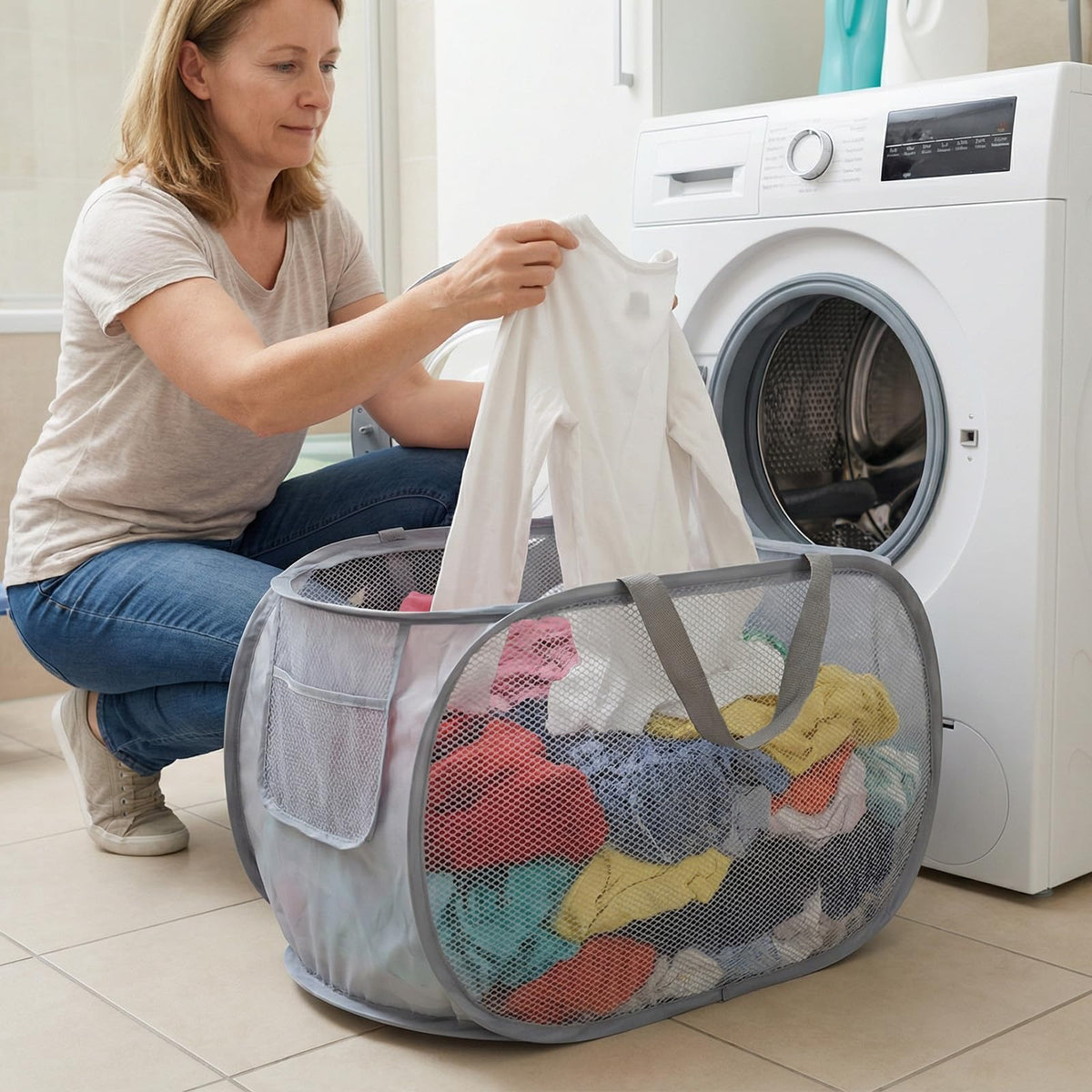 Afgaogw bedroom setup shows spacious capacity for daily laundry tasks