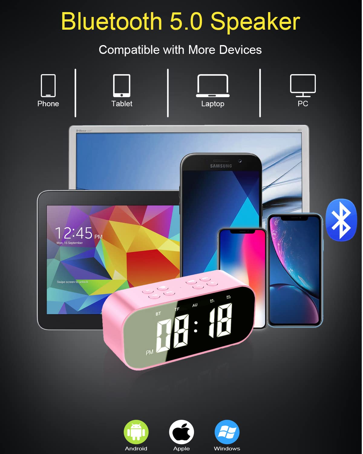 AFK alarm clock with mirror LED display and adjustable brightness for comfortable viewing.