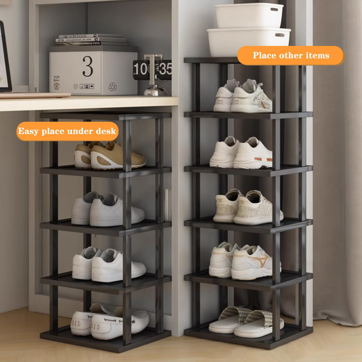 AFOORD deep grooved shelves hold varied shoes with room to spare.