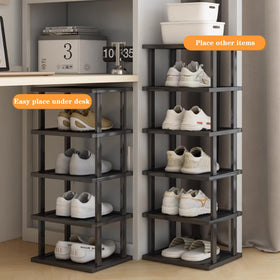 AFOORD deep grooved shelves hold varied shoes with room to spare.