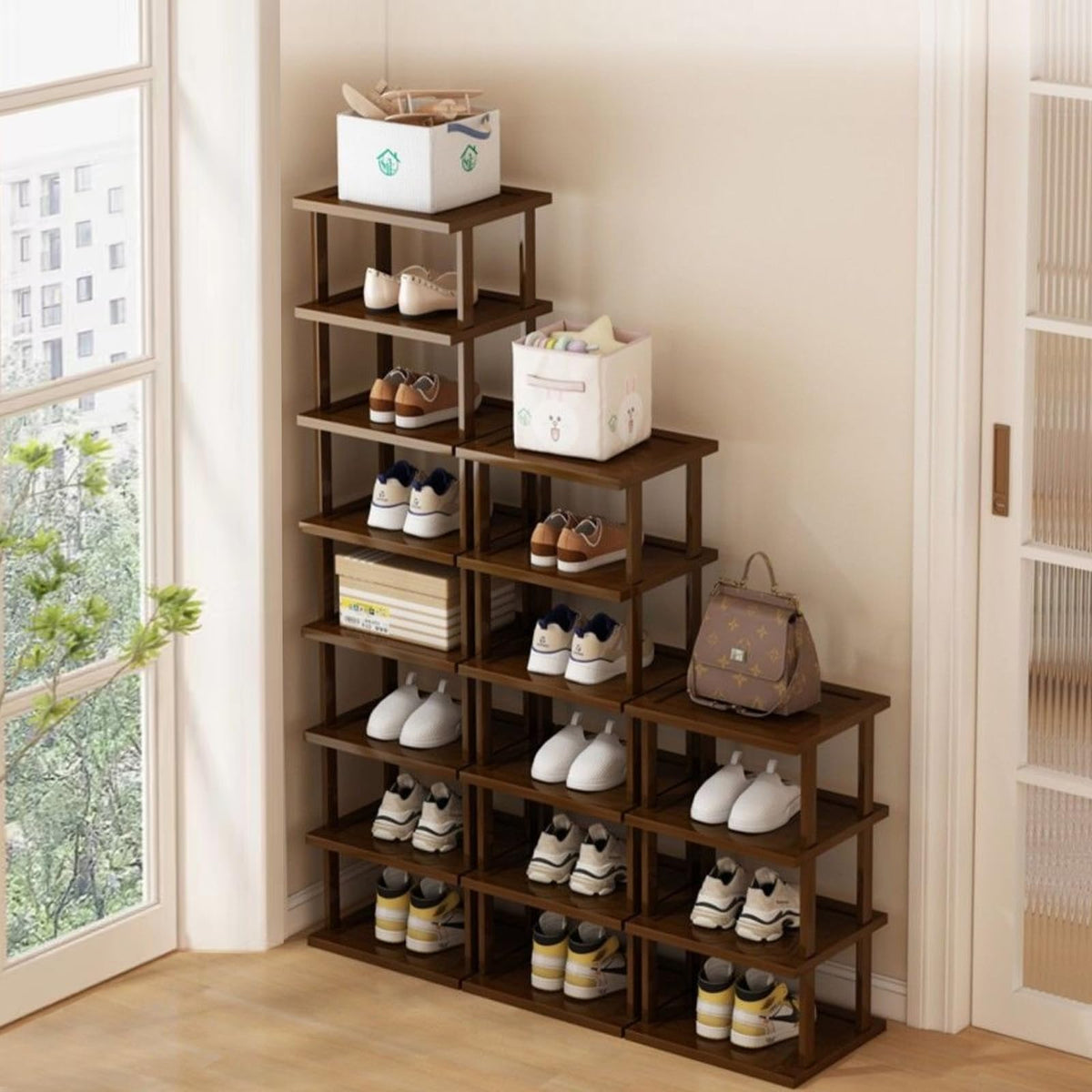 Afoord entryway rack by the door keeps daily shoes within reach.